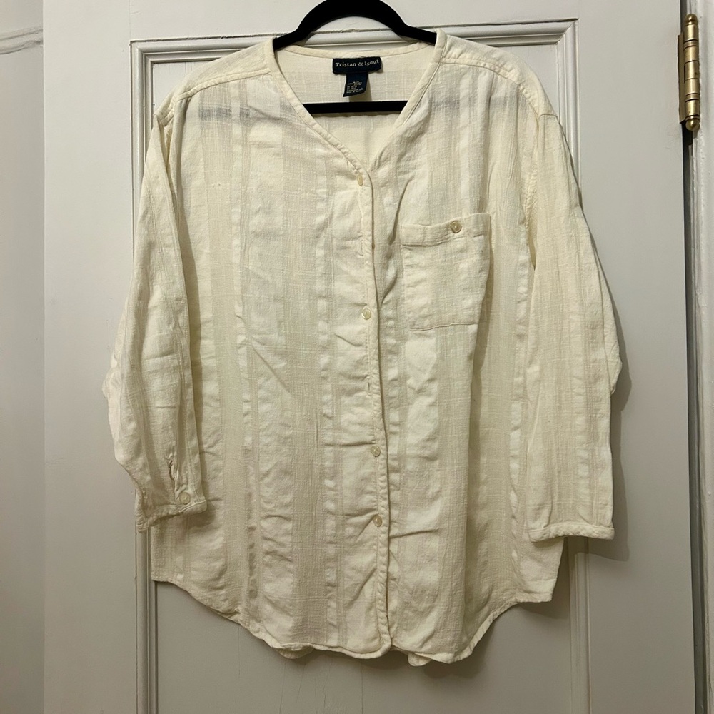 Tristan & Iseut Y2K Cream Boxy Button Down Shirt with Mandarin Collar size M